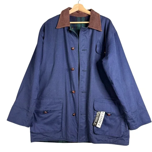 Colebrook Mens Reversible Barn Chore Jacket Navy Blue Green Plaid Wool Small